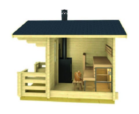Drevená sauna zrubová / rúbená LERA, 2,4 x 3,8m s terasou (24/40mm)