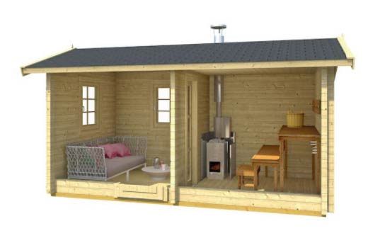 Drevená sauna zrubová / rúbená LAPA, 2,9 x 5,4 m s domčekom (24/40mm)