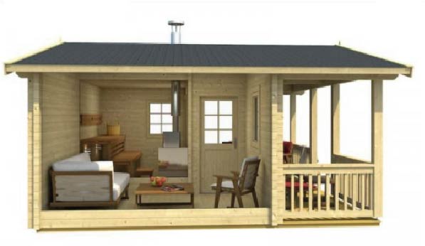 Záhradný zrubový domček / sauna s terasou LERMA, 520 x 500 cm (24/40 mm)