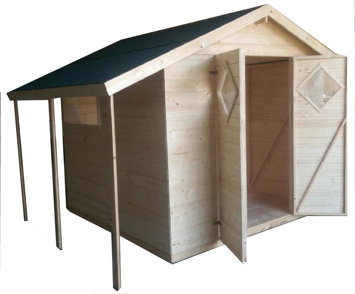 Záhradný drevený domček 3,3x2,7m, (19mm) s oknami a presahom strechy
