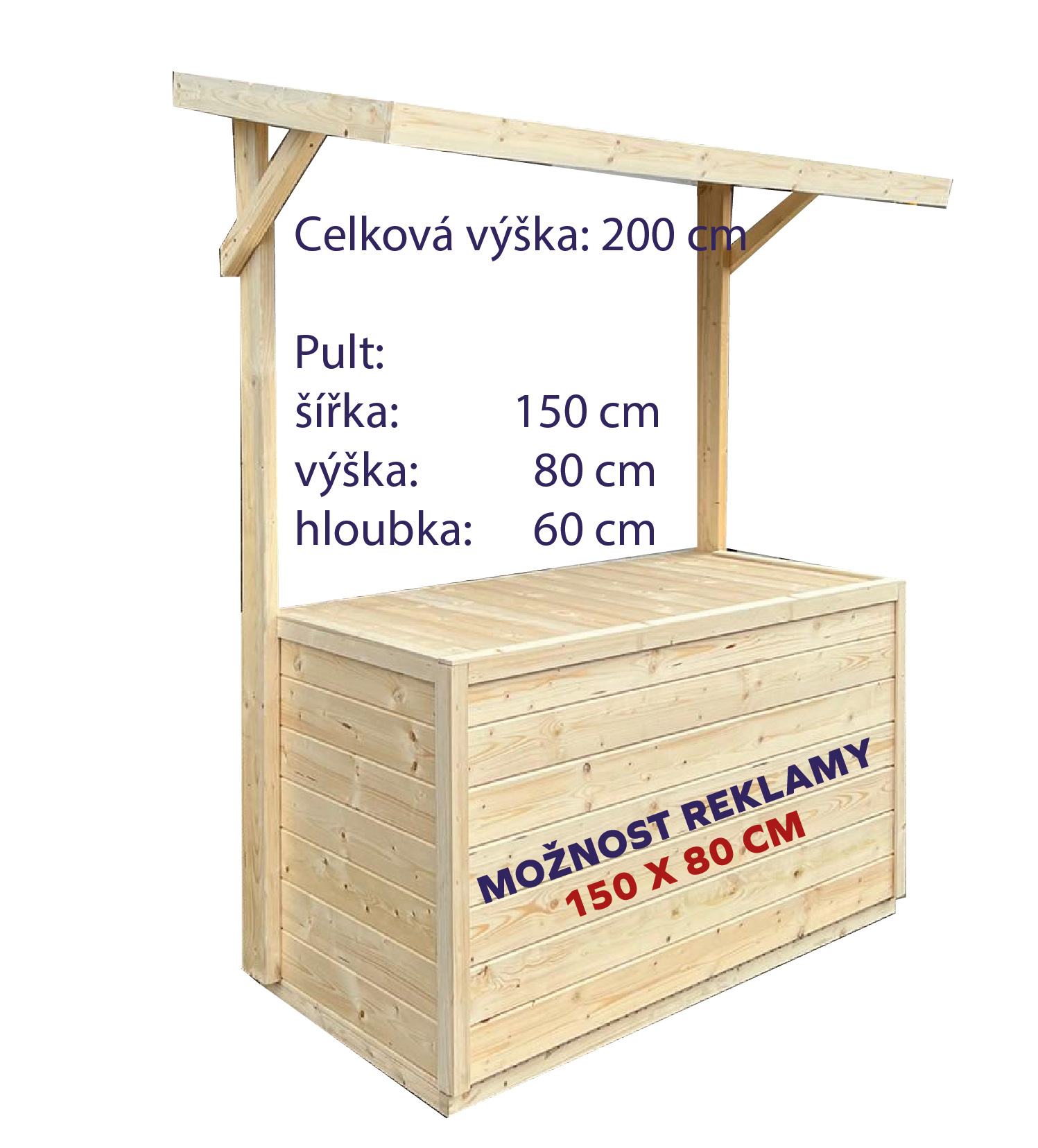 Predajný pult drevený š.150xh.60 cm, v. 200 cm, 16 mm